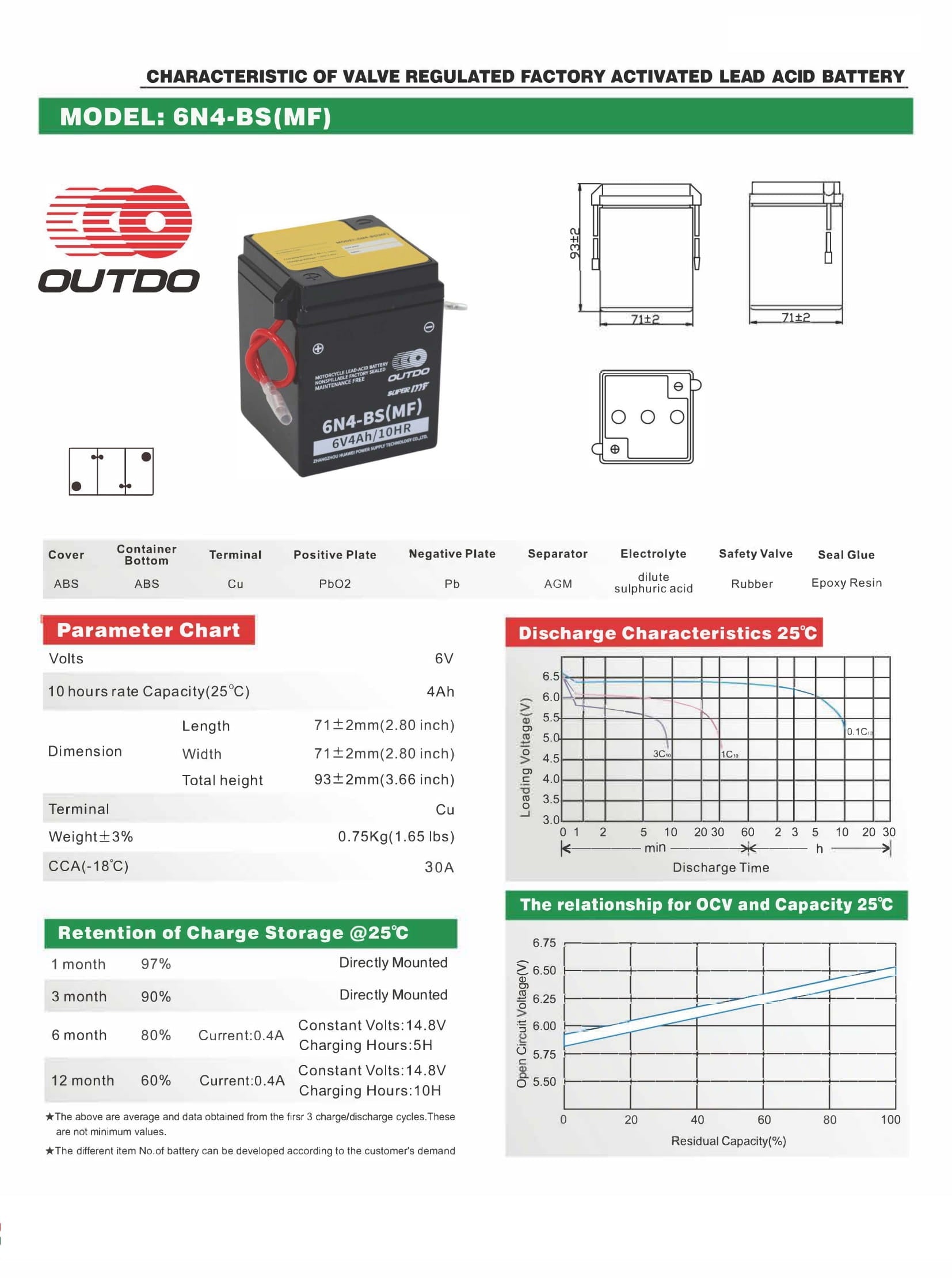 OUTDO 6N4-BS(MF) Motorcycle Battery