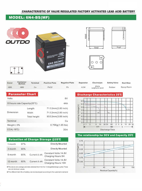OUTDO 6N4-BS(MF) Motorcycle Battery