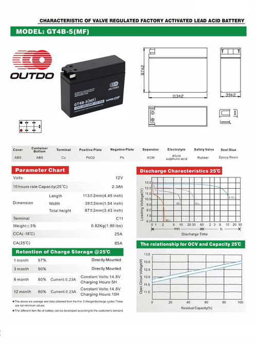 OUTDO GT4B-5(MF) Motorcycle Battery