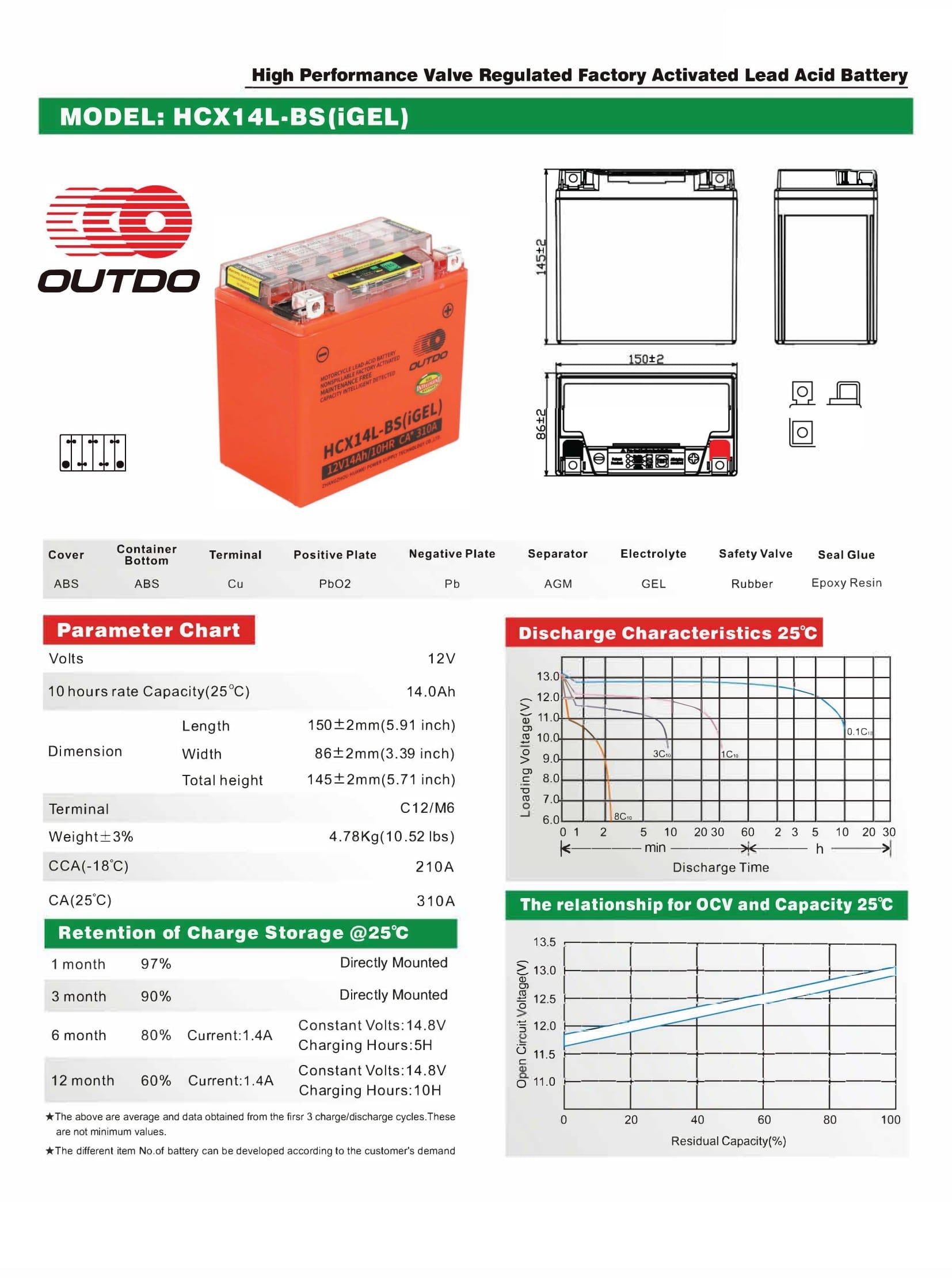 OUTDO HCX14L-BS(iGEL) Outdo Motorcycle Battery