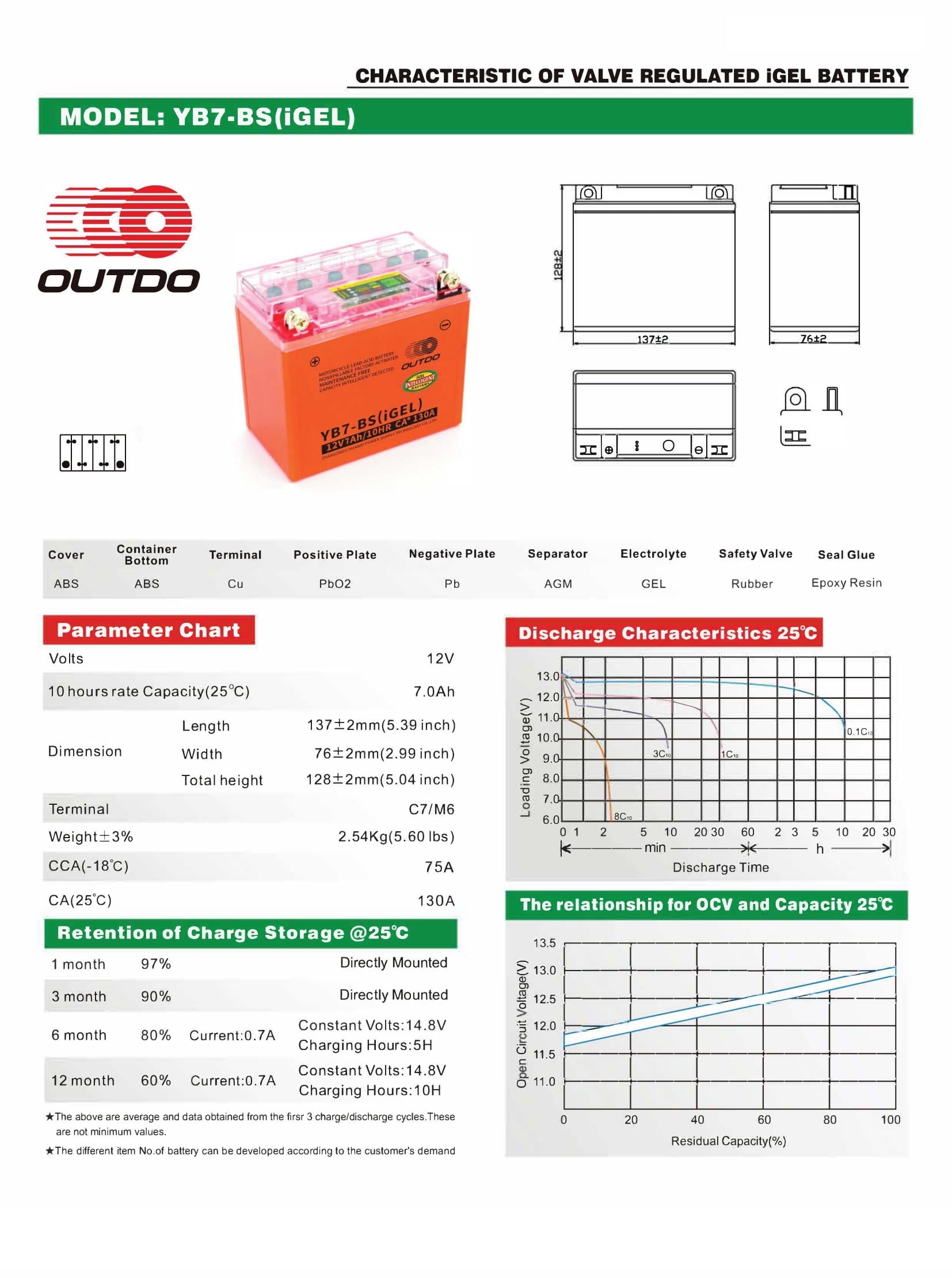 OUTDO YB7-BS(iGEL) Motorcycle Battery